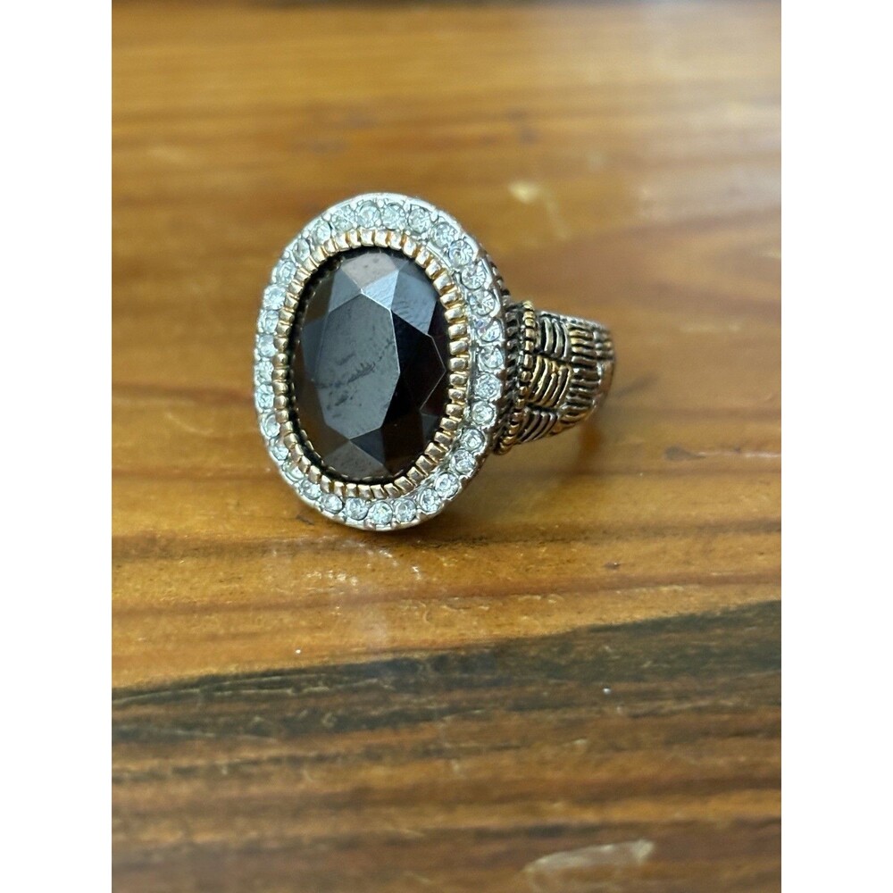 Mens Faux Black Onyx CZ Silver Gold Woven Mixed Metal Ring Vintage Size 7